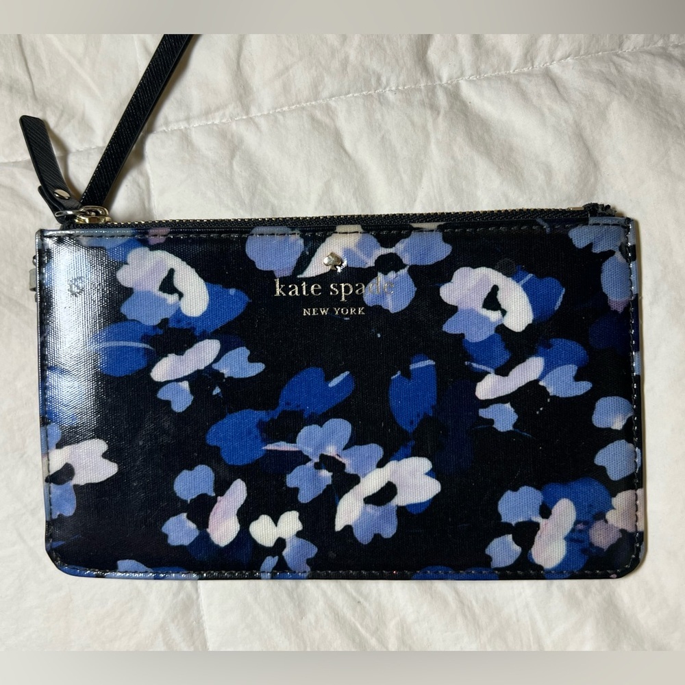 Kate Spade NY Floral Stripe Slim Wristlet Pouch Zip Clutch Black Blue